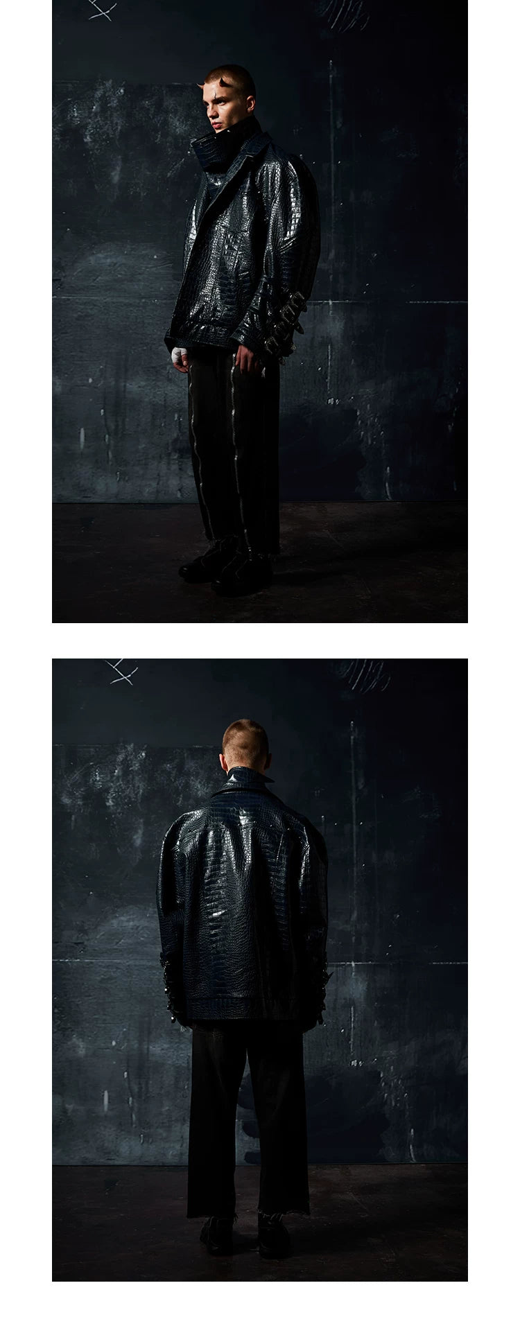 Two-Tone Metal Buckle Leather Trench Coat
