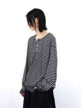 Striped Cutout Neck Long Sleeve Tee