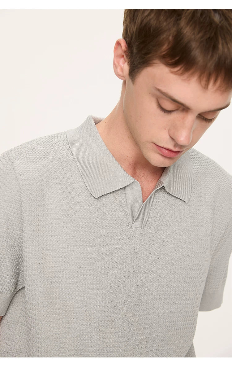 Wheat Jacquard V-Neck Knit Polo Tee