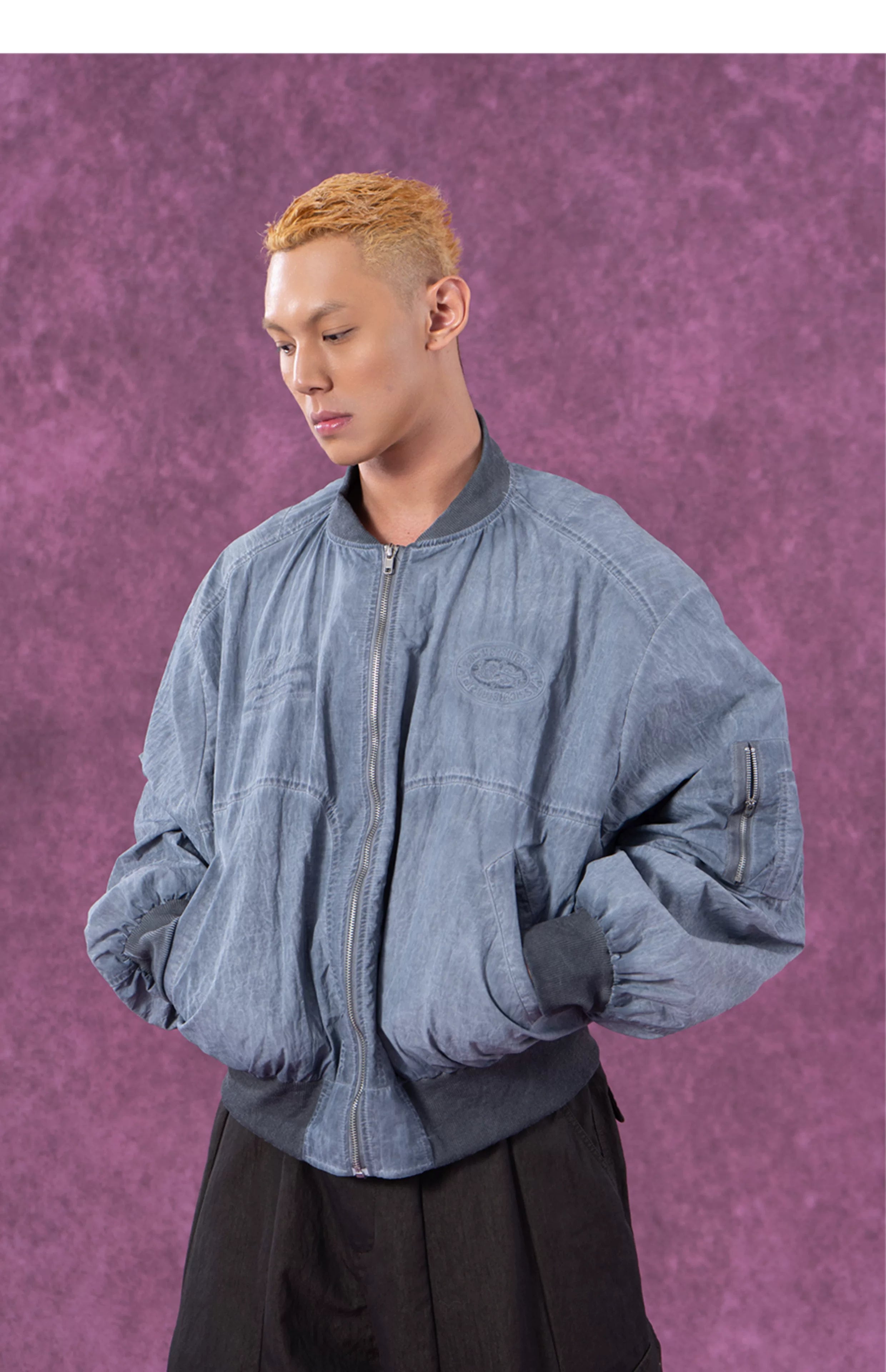 Men's Textured Gray Blue Bomber Jacket
