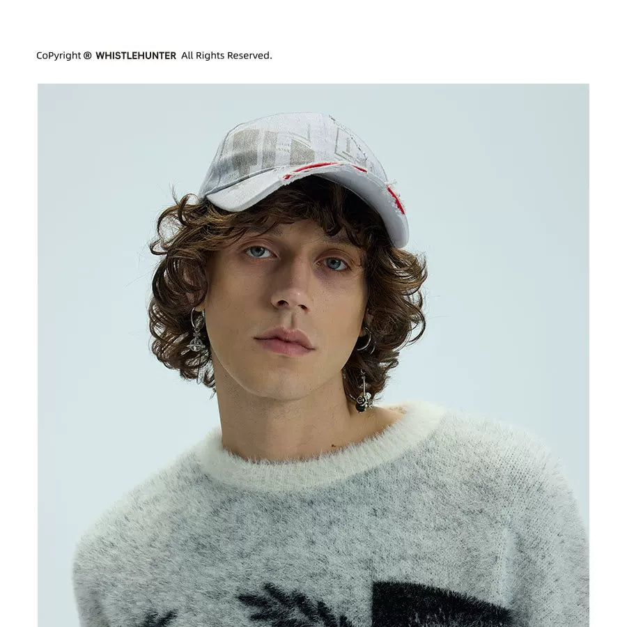 White Distressed Printed Long Brim Cap