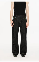 Washed Color-Blocked Floral Jacquard Flare Jeans