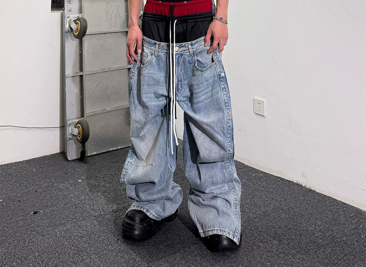 Double Waistband Drawstring Washed Blue Jeans
