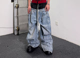 Double Waistband Drawstring Washed Blue Jeans