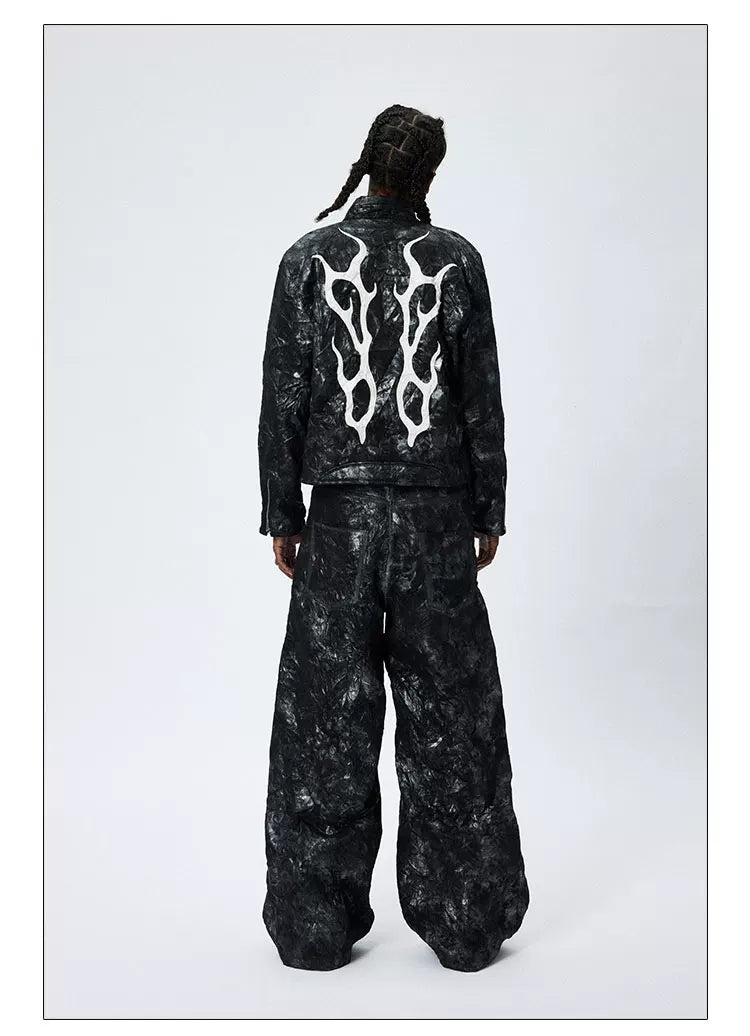 American Printed Pleated Leather Biker Jacket