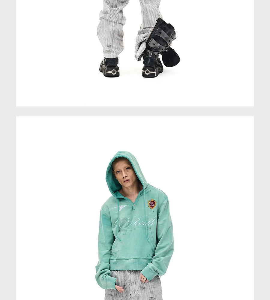 Distressed Embroidered V-Neck Cropped Wide Hoodie