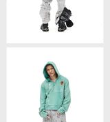 Distressed Embroidered V-Neck Cropped Wide Hoodie