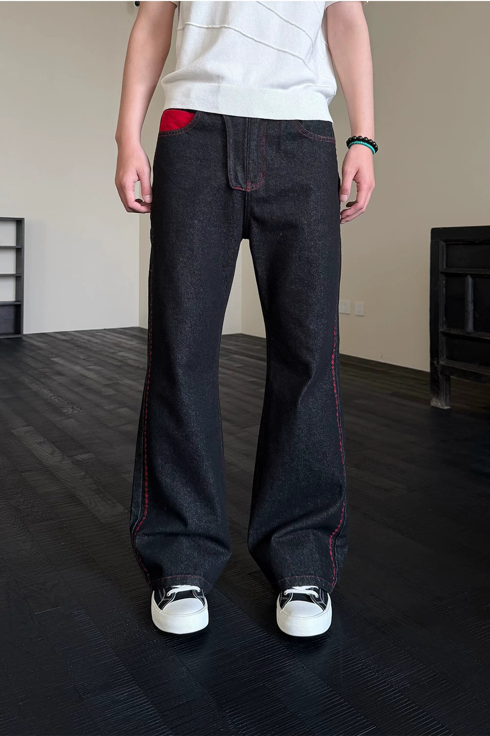 Men's Embroidered Flared Raw Denim Jeans
