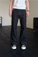 Men's Embroidered Flared Raw Denim Jeans