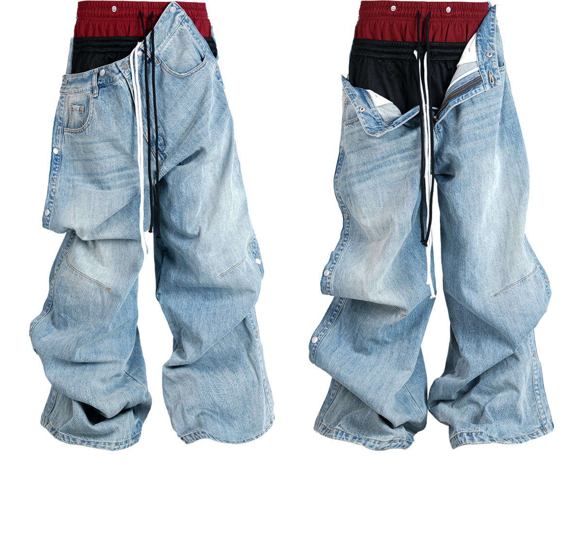 Double Waistband Drawstring Washed Blue Jeans