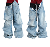 Double Waistband Drawstring Washed Blue Jeans