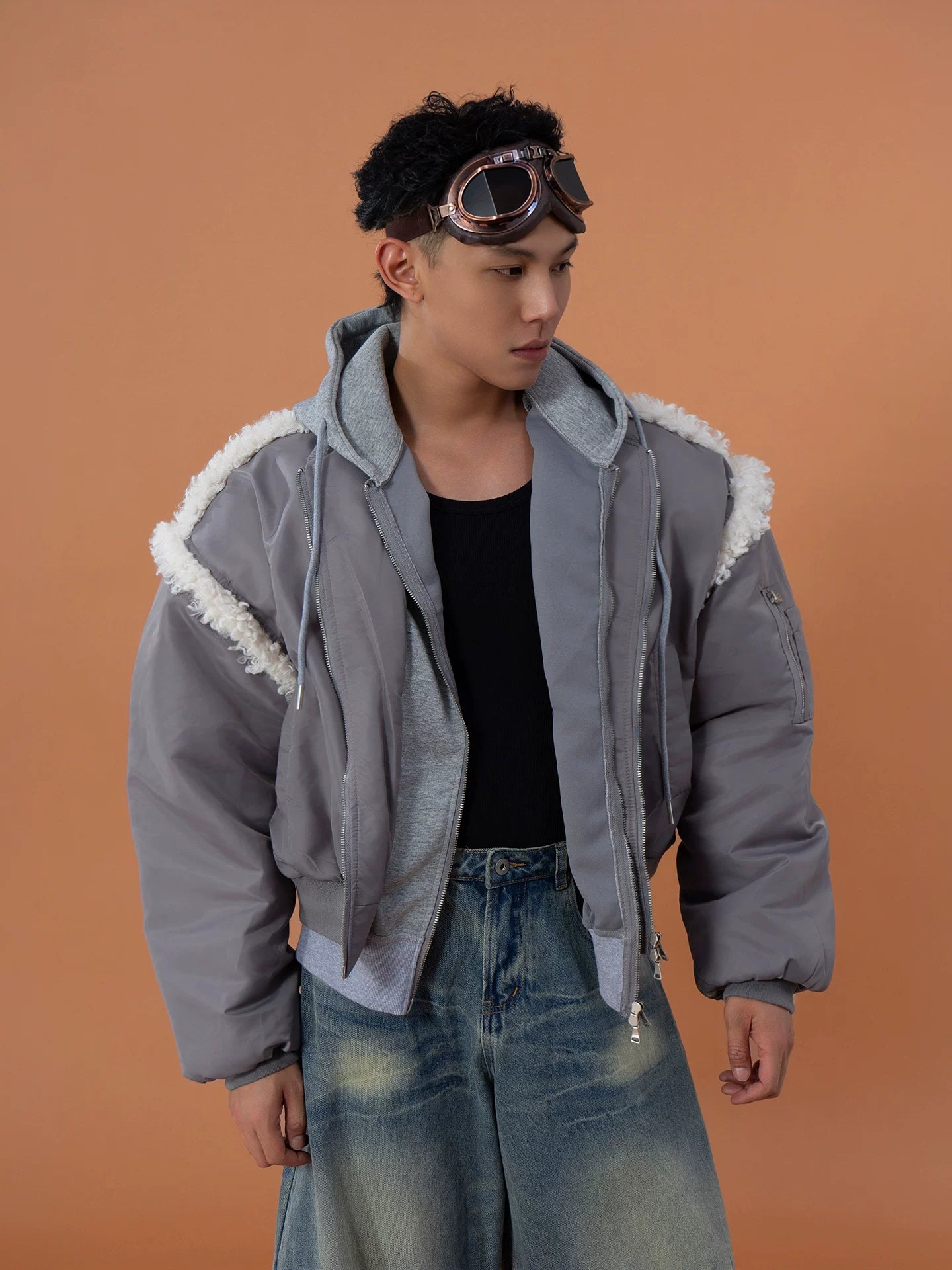 Gray 2-in-1 Hooded Sherpa Bomber Jacket