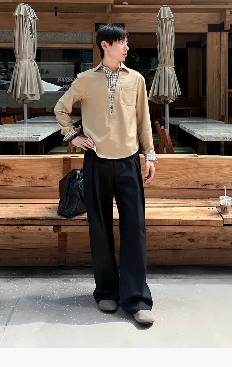 Long-Sleeve Layered V-Neck Color-Block Plaid Shirt