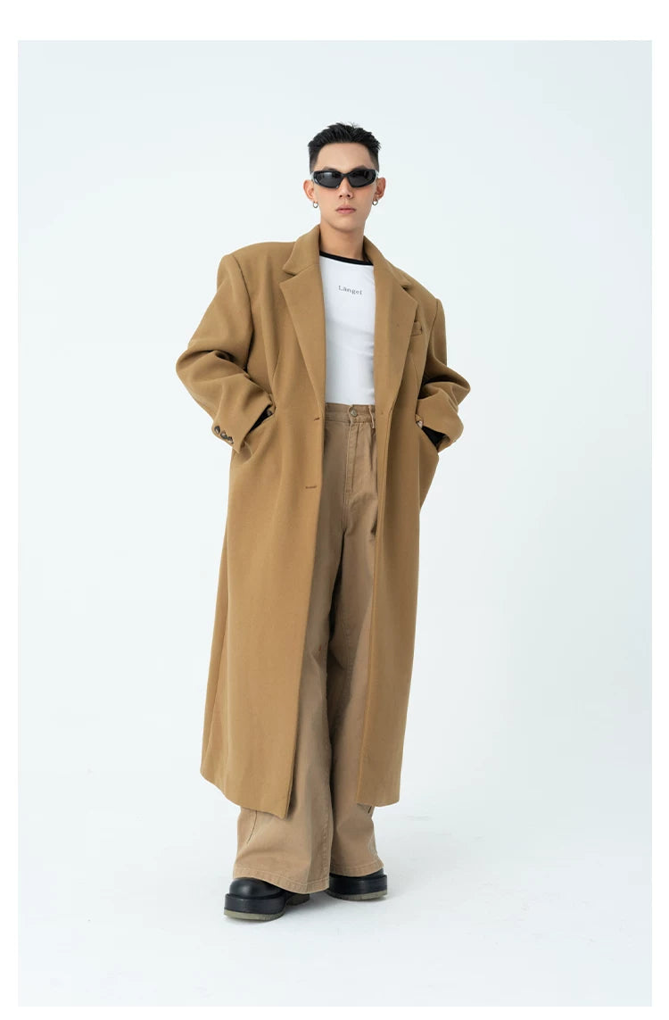 Men's Long Woolen Shoulder-padded Coat