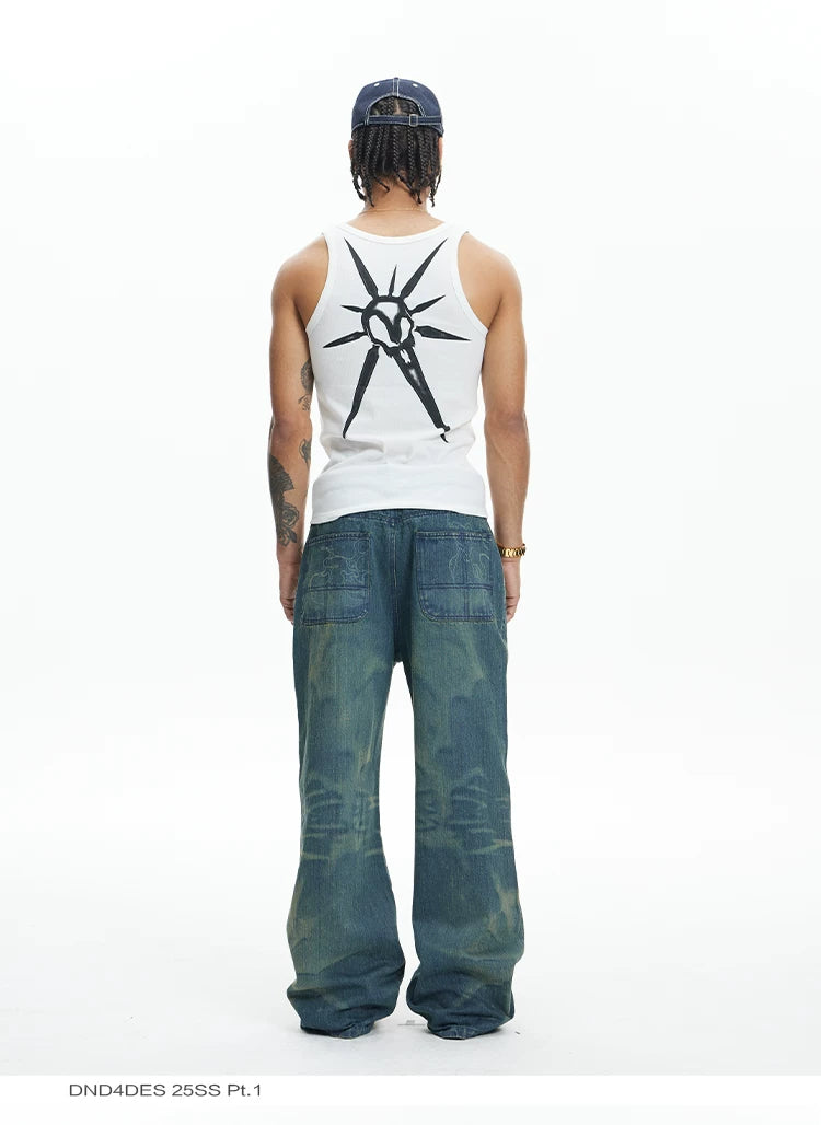 Vintage Washed Distressed Slub Flare Jeans