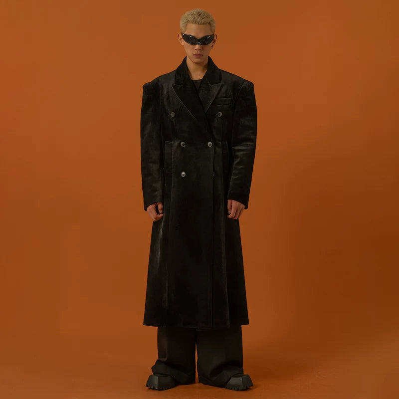 Men's Long Black Velvet Wool Coat