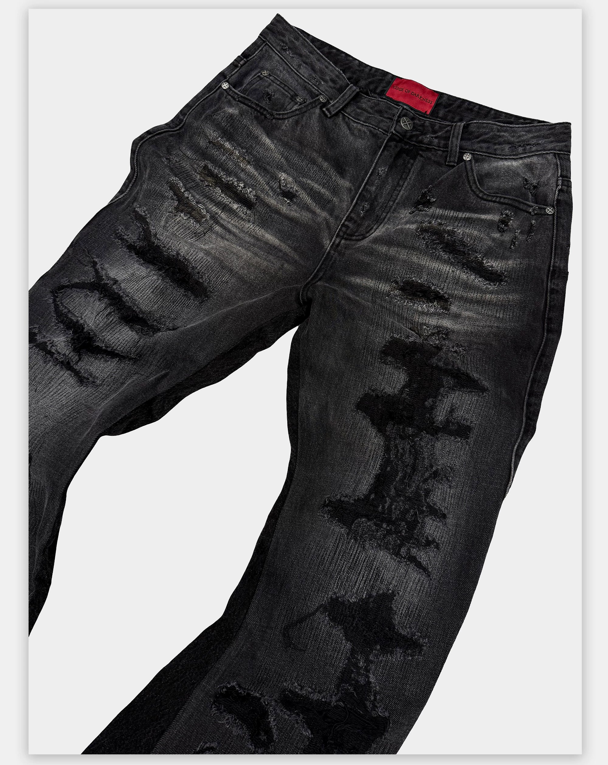 Flared Washed Distressed Patchwork Jeans