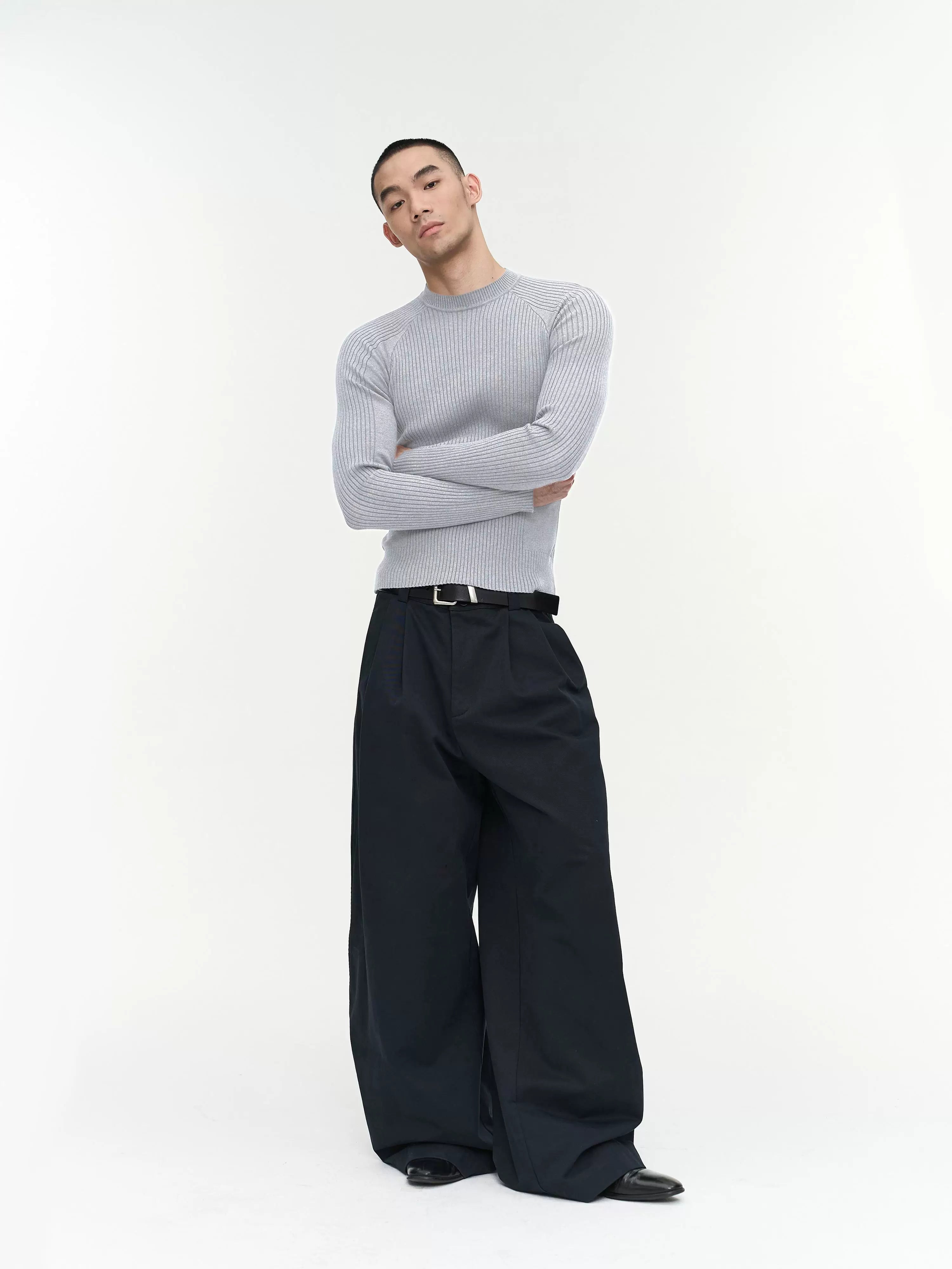 Slim Fit Ribbed Knit Long Sleeve Tops