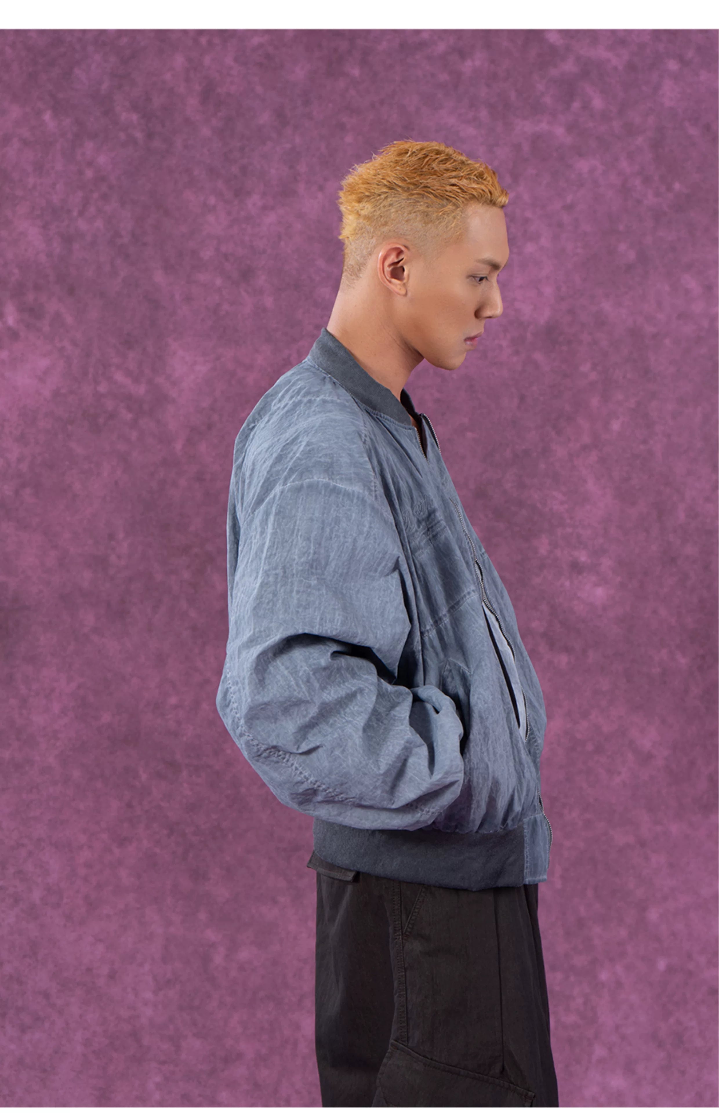 Men's Textured Gray Blue Bomber Jacket