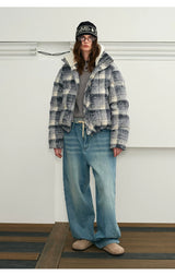 Detachable Hooded Plaid Puffer Coat
