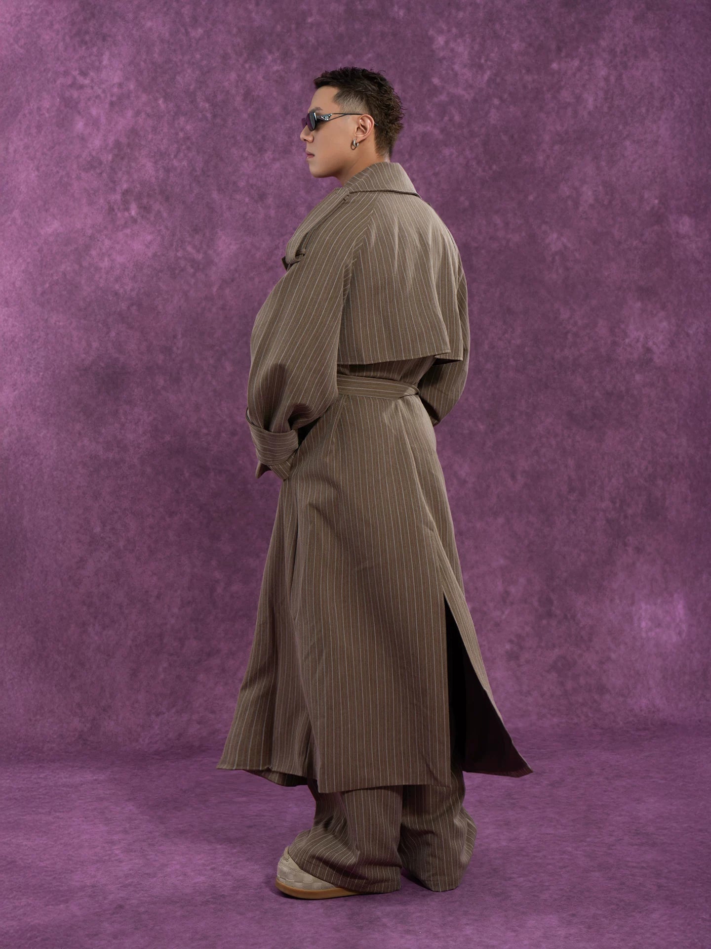Belted Vintage Taupe Striped Cape Coat