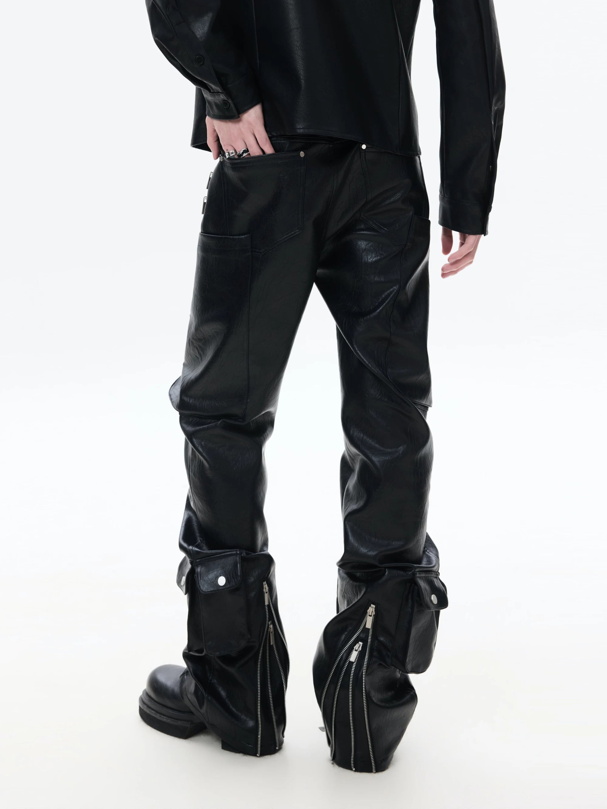 Zippered Flared Leather Casual Pants
