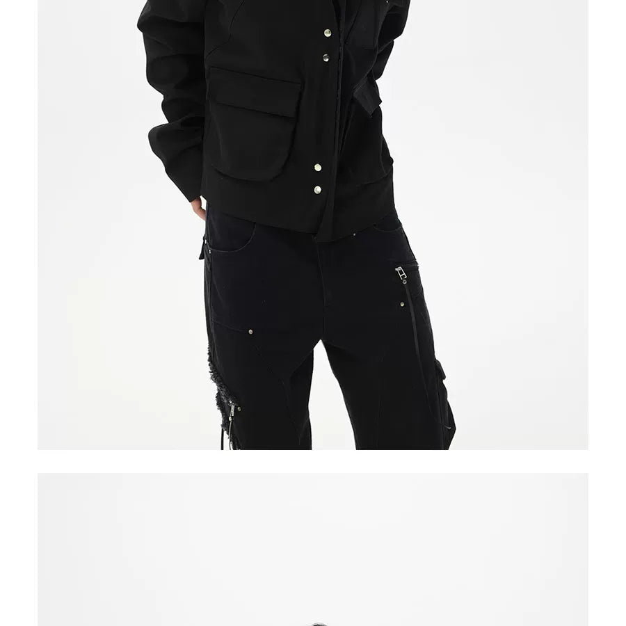 Two-Tone Cropped Lace Pocket Magnetic Jacket