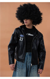 Men's Black Badged Hooded PU Jacket