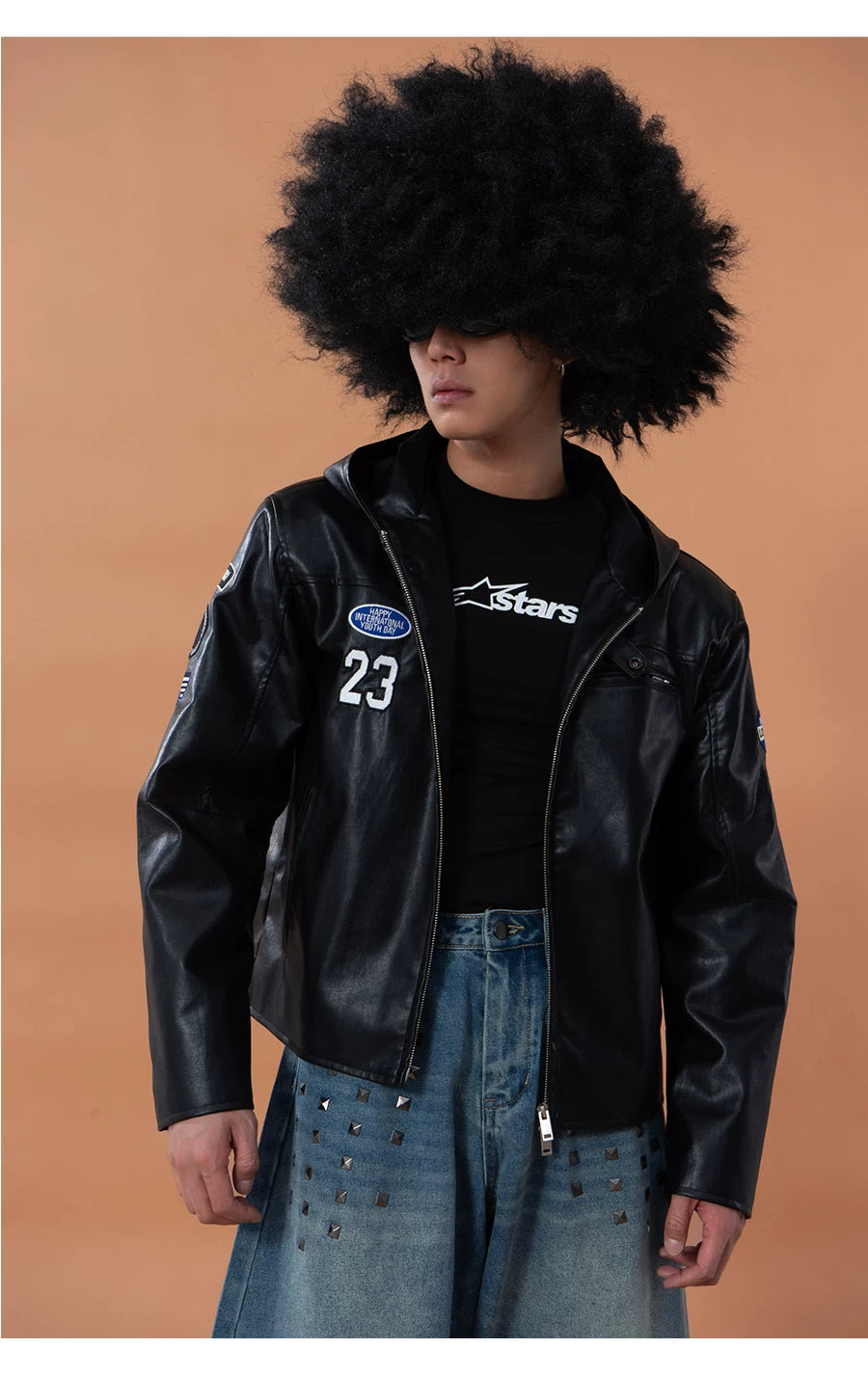 Men's Black Badged Hooded PU Jacket