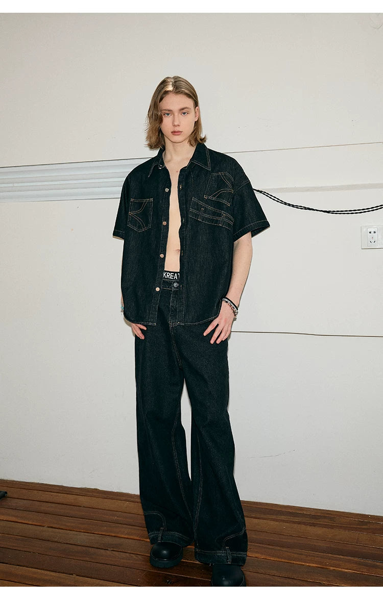 Deconstructed Short-Sleeve Denim Shirt