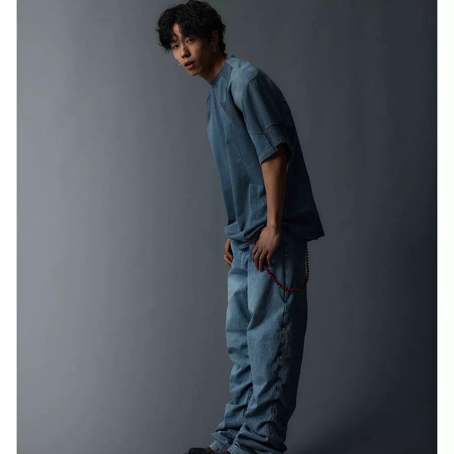 Two-Tone Washed Mesh Patchwork Tee