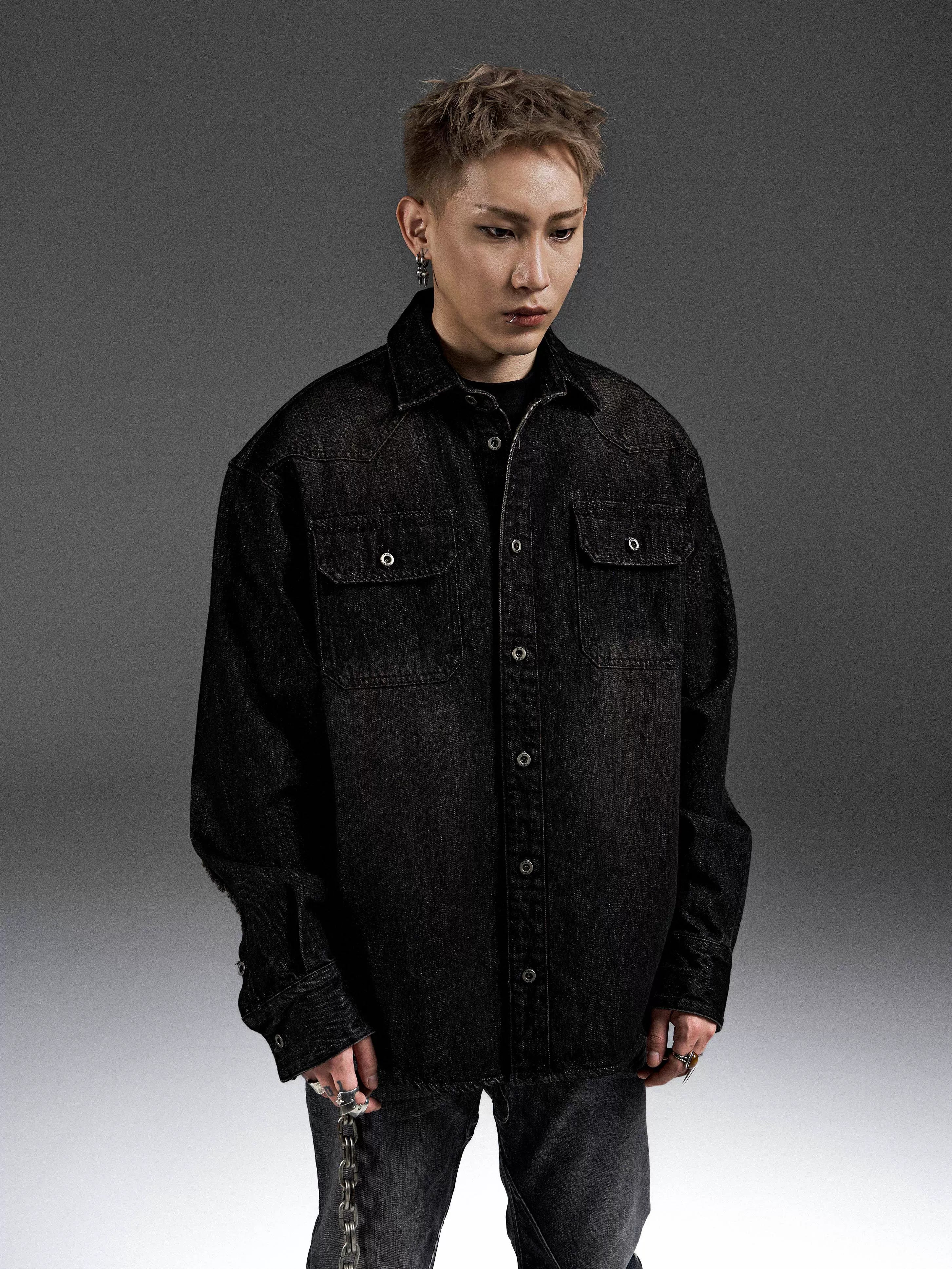 Washed Distressed Patchwork Denim Shirt Jacket