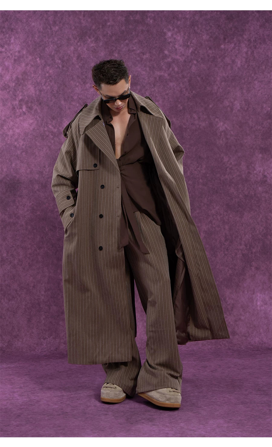 Belted Vintage Taupe Striped Cape Coat