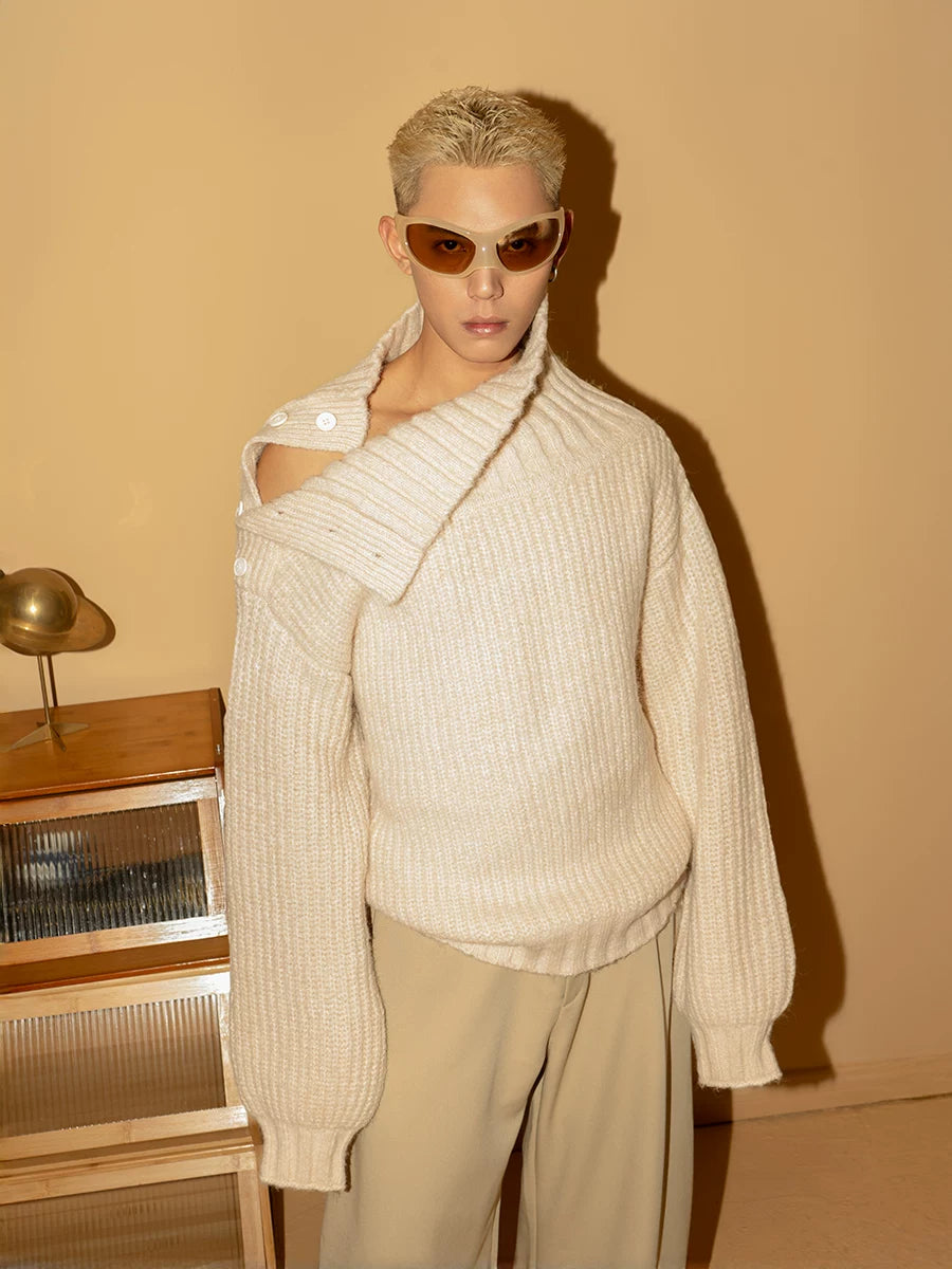 Men's Apricot Wool Side-buttoned Turtleneck Sweater