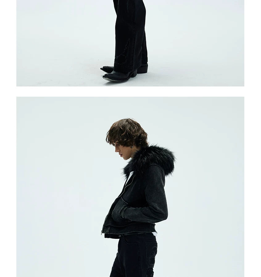 Washed Detachable Fur Zip Hoodie