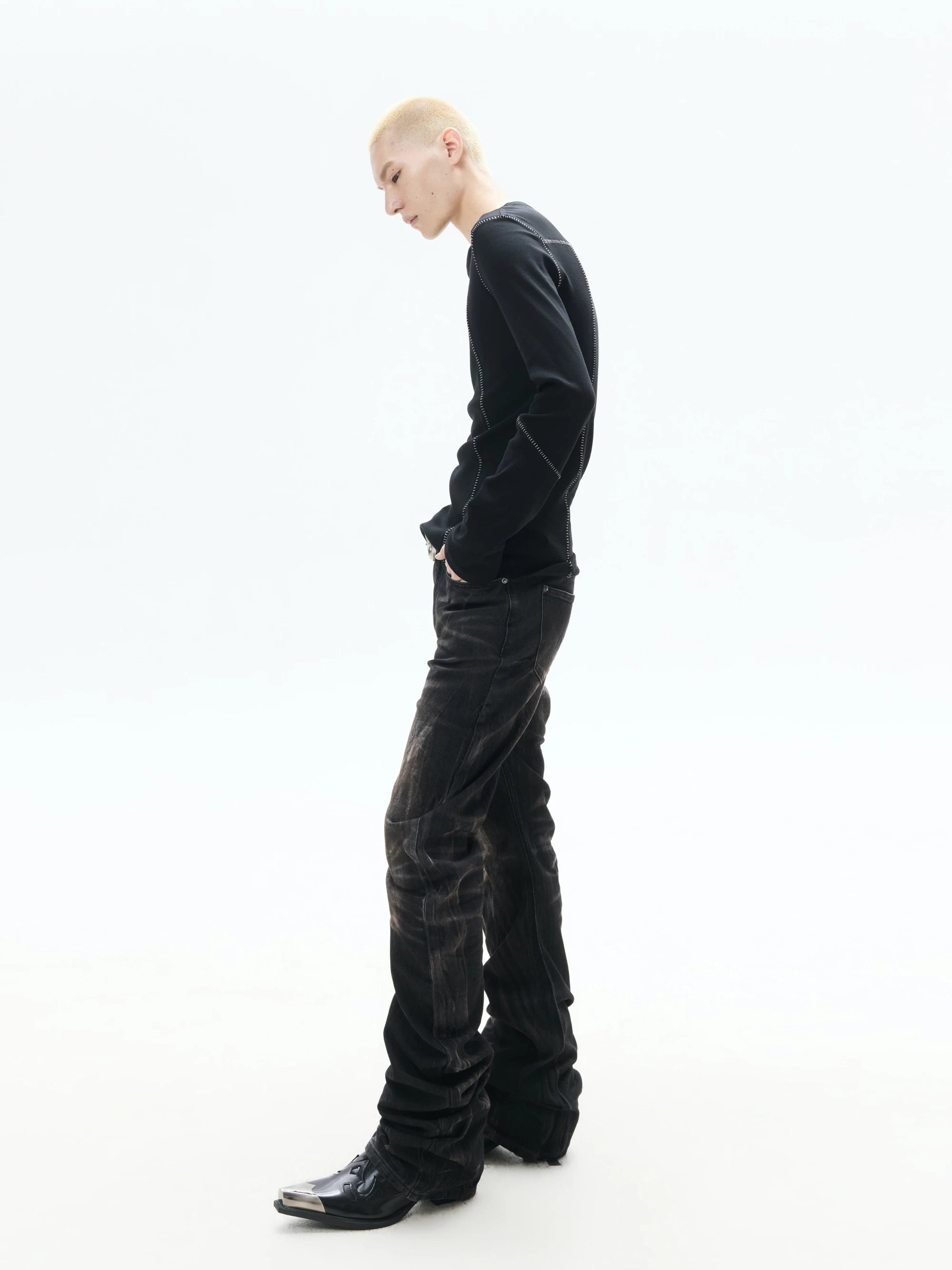 Distressed Washed Slim Curved Jeans