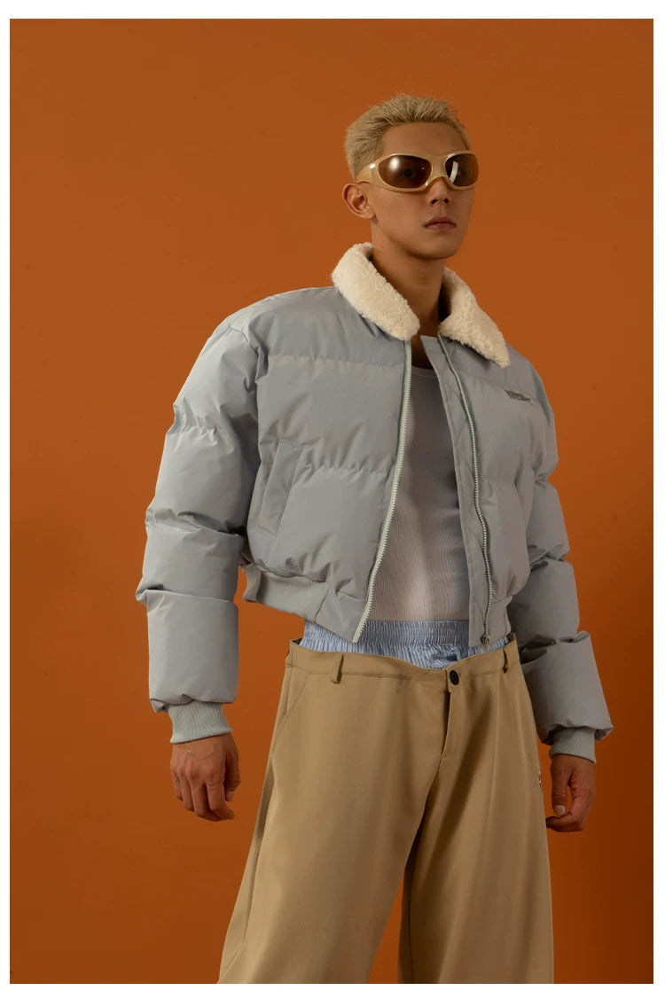 Cropped Collared Faux Shearling Puffer Coat