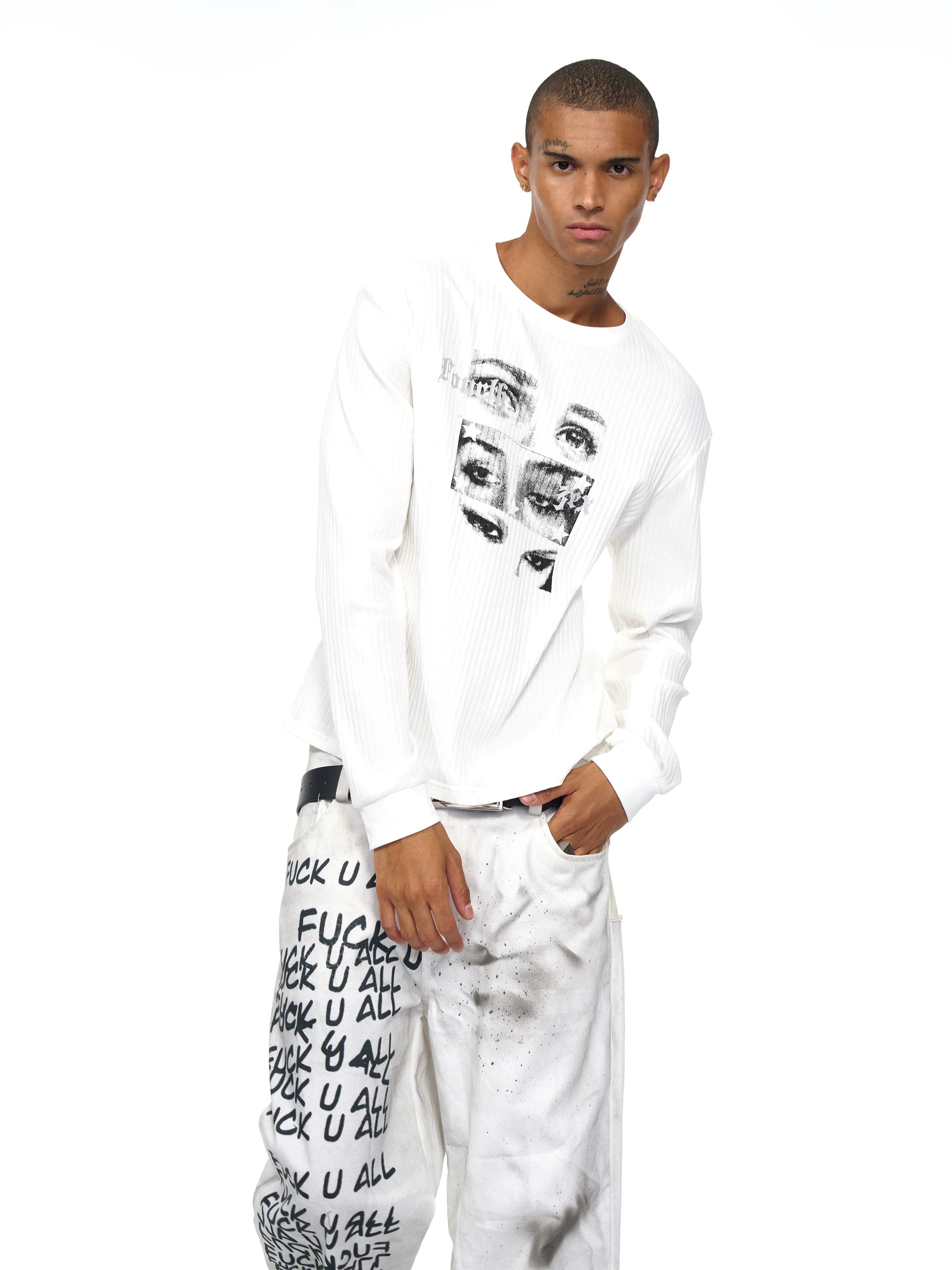 Men's White Eye Print Knit Sweatshirt