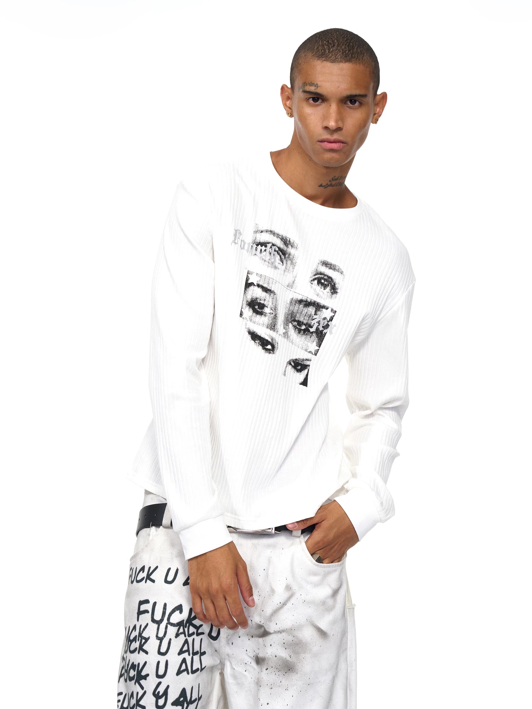 Men's White Eye Print Knit Sweatshirt