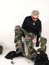 Olive Camouflage Flared Zippered Denim Jeans