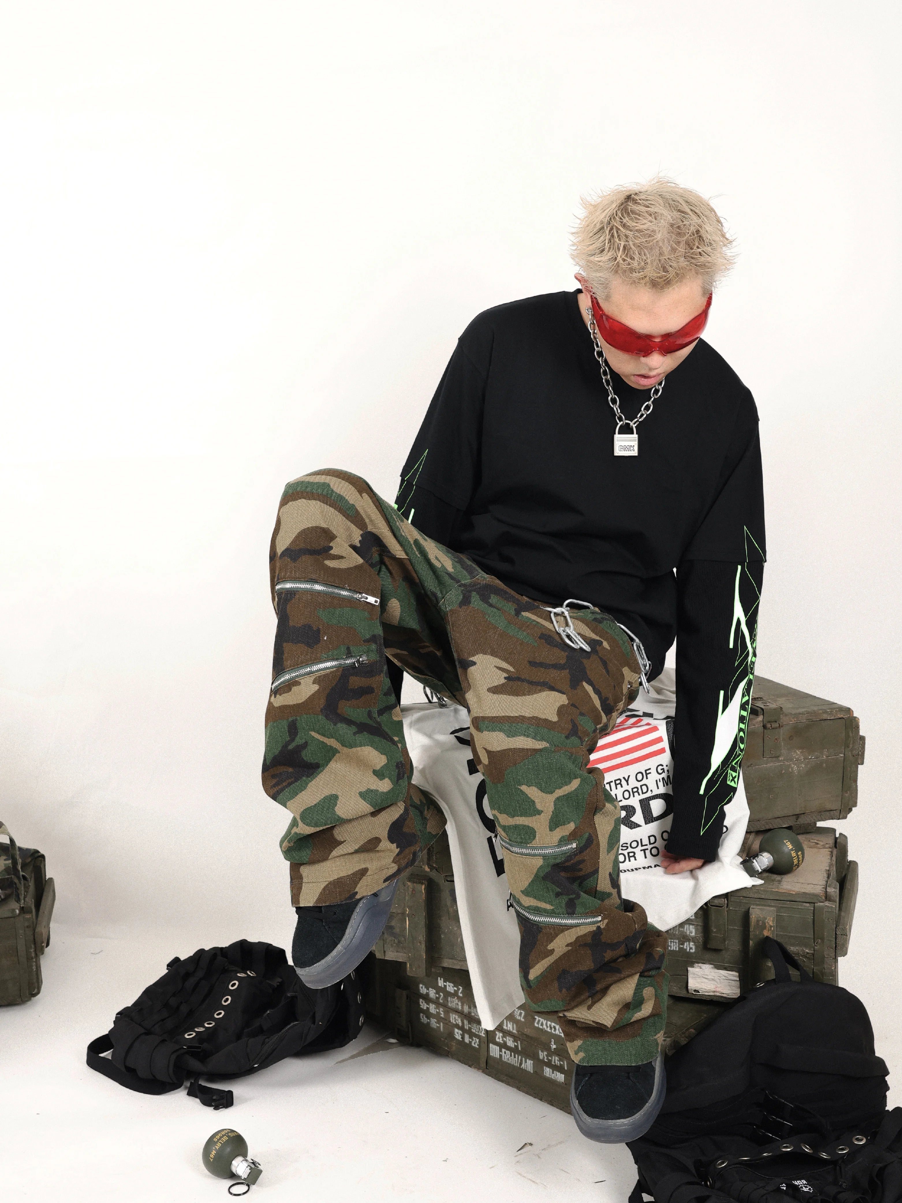 Olive Camouflage Flared Zippered Denim Jeans