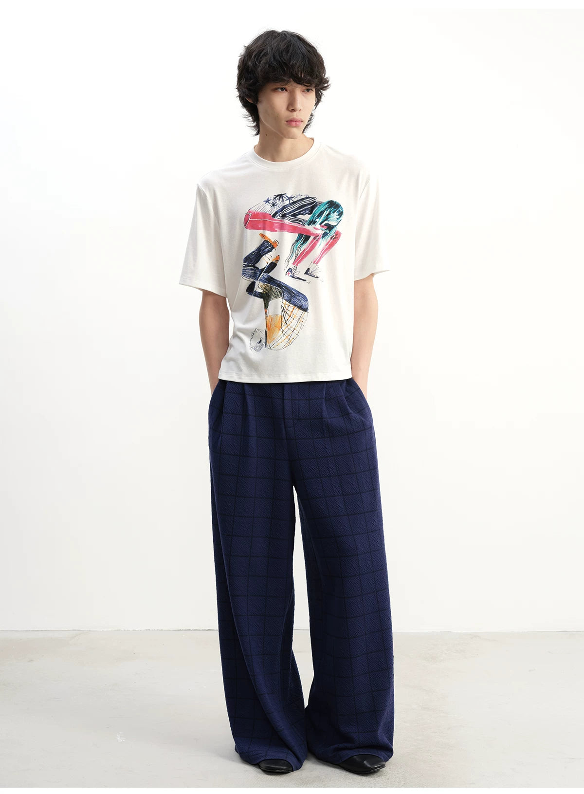 Blue-Black Plaid Pleated Casual Pants