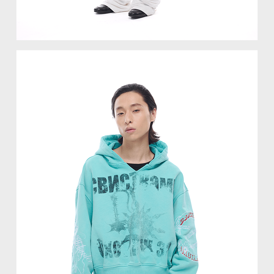 Tri-color Washed Distressed Embroidered V-neck Hoodie