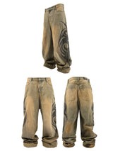 Heavy Washed Bamboo Print Baggy Jeans
