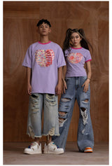 Oversized Embroidered Purple Heart Skeleton Tee