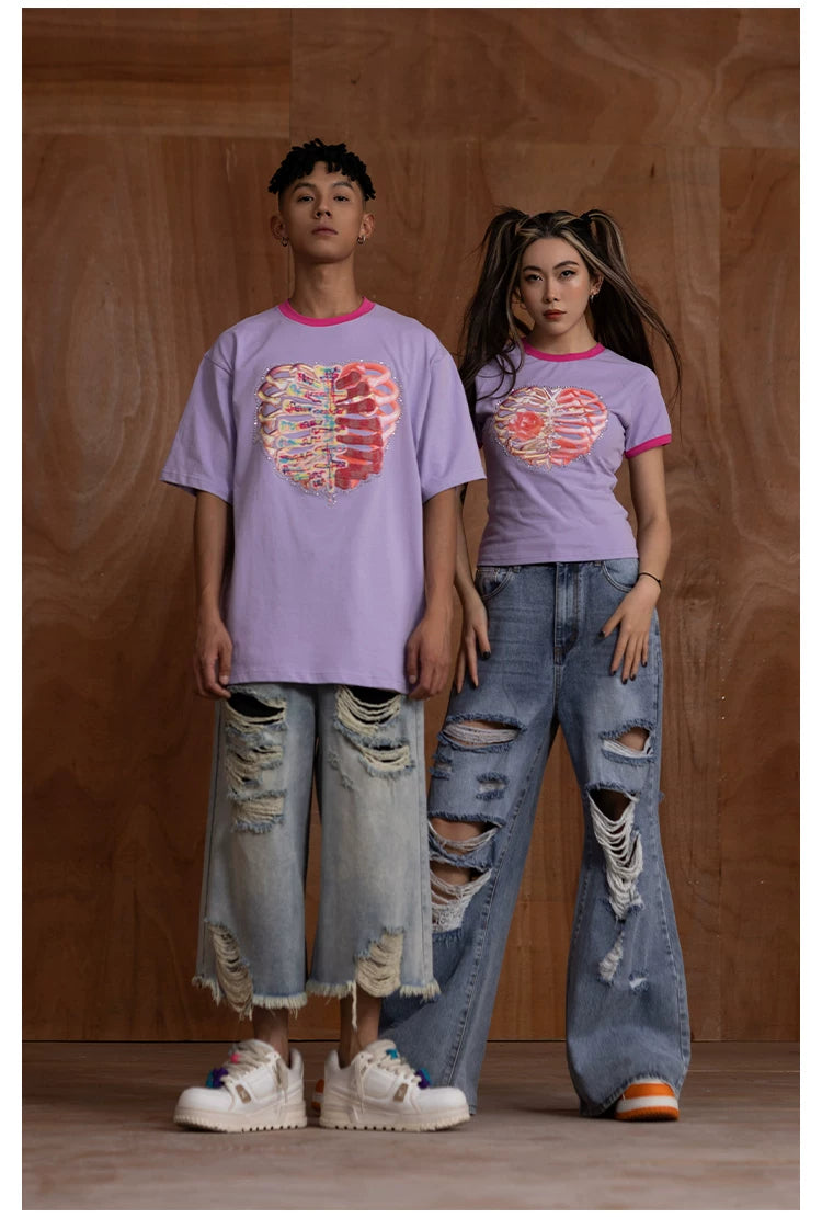 Oversized Embroidered Purple Heart Skeleton Tee
