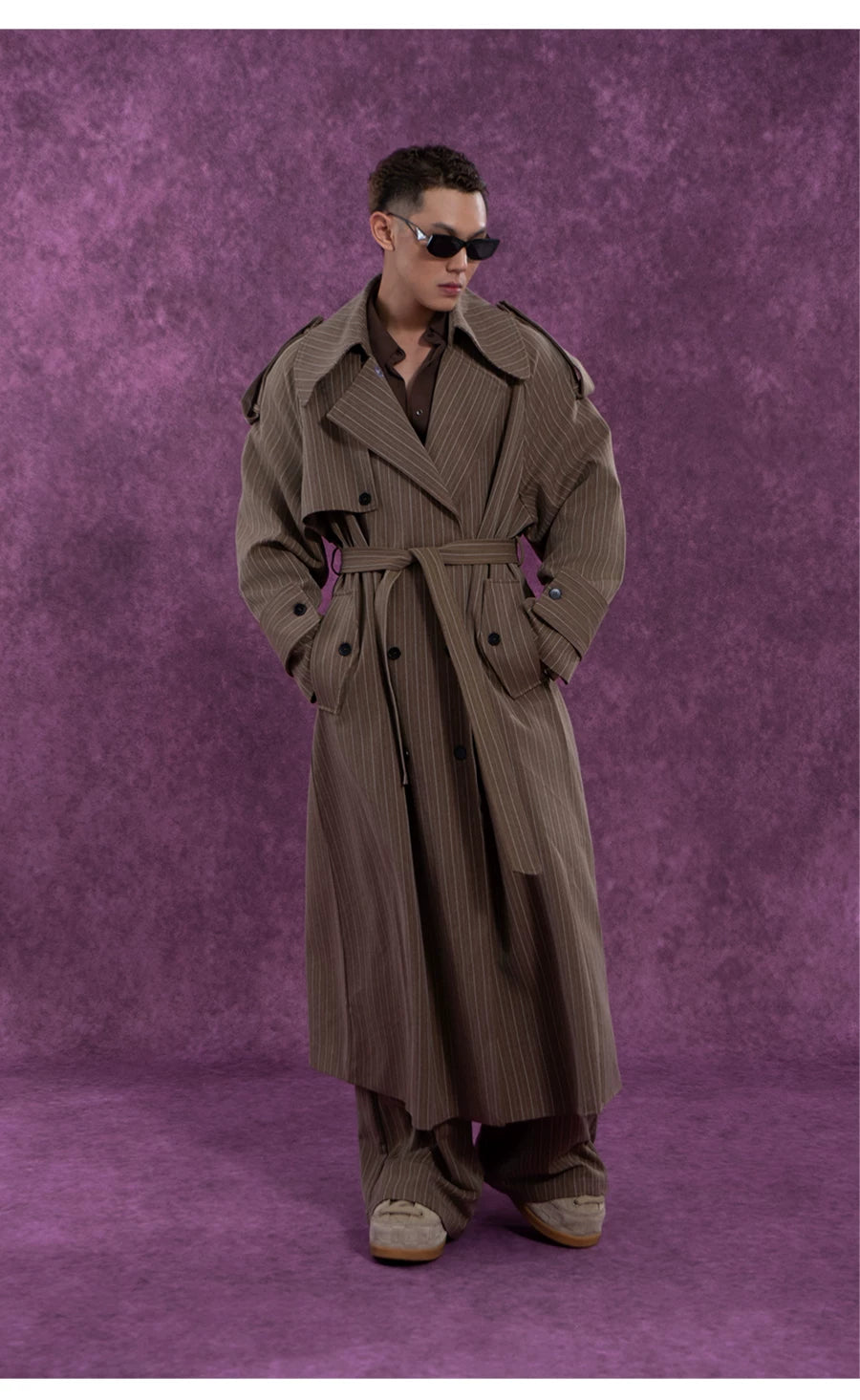Belted Vintage Taupe Striped Cape Coat