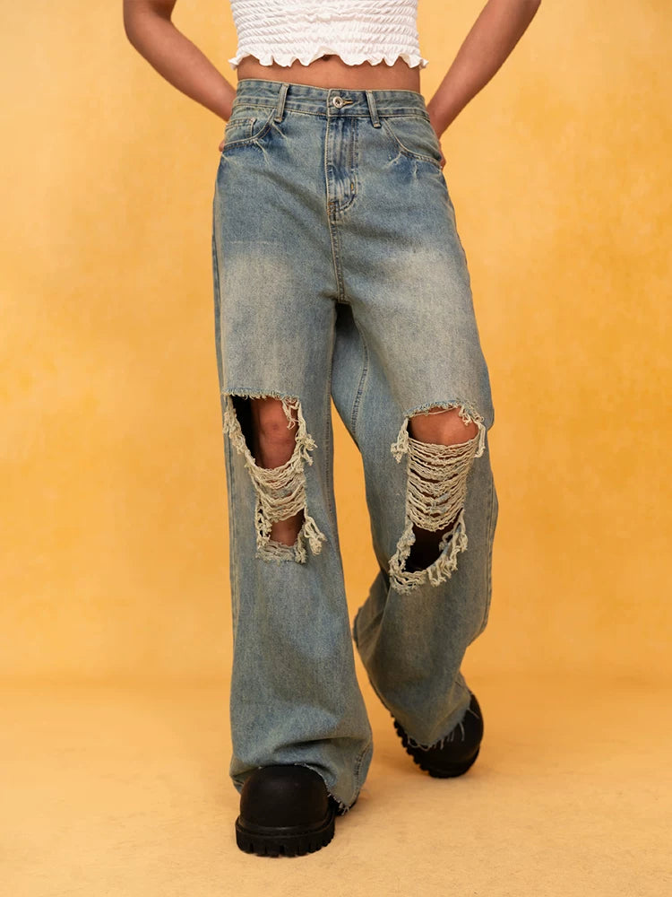 Men's Blue Distressed Wide Leg Jeans