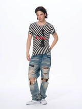 Letter Print Striped Short Sleeve Tees