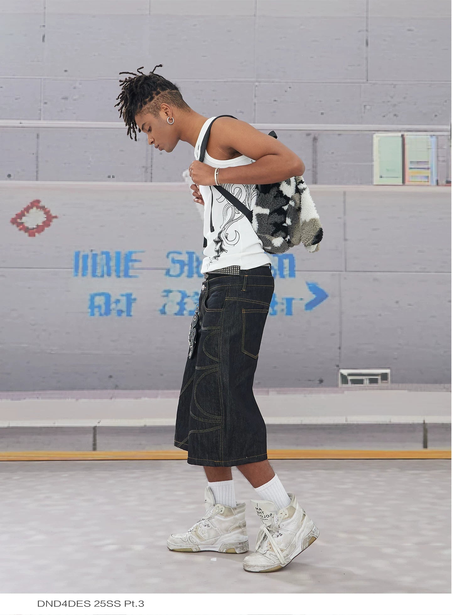Bat Embroidered Double Waist Denim Shorts
